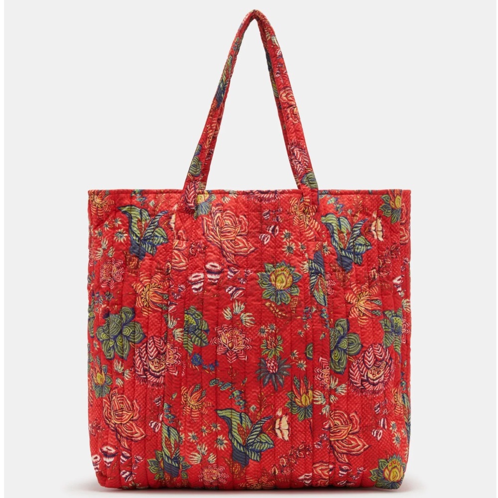 Red Floral Quilted Tote Bag
